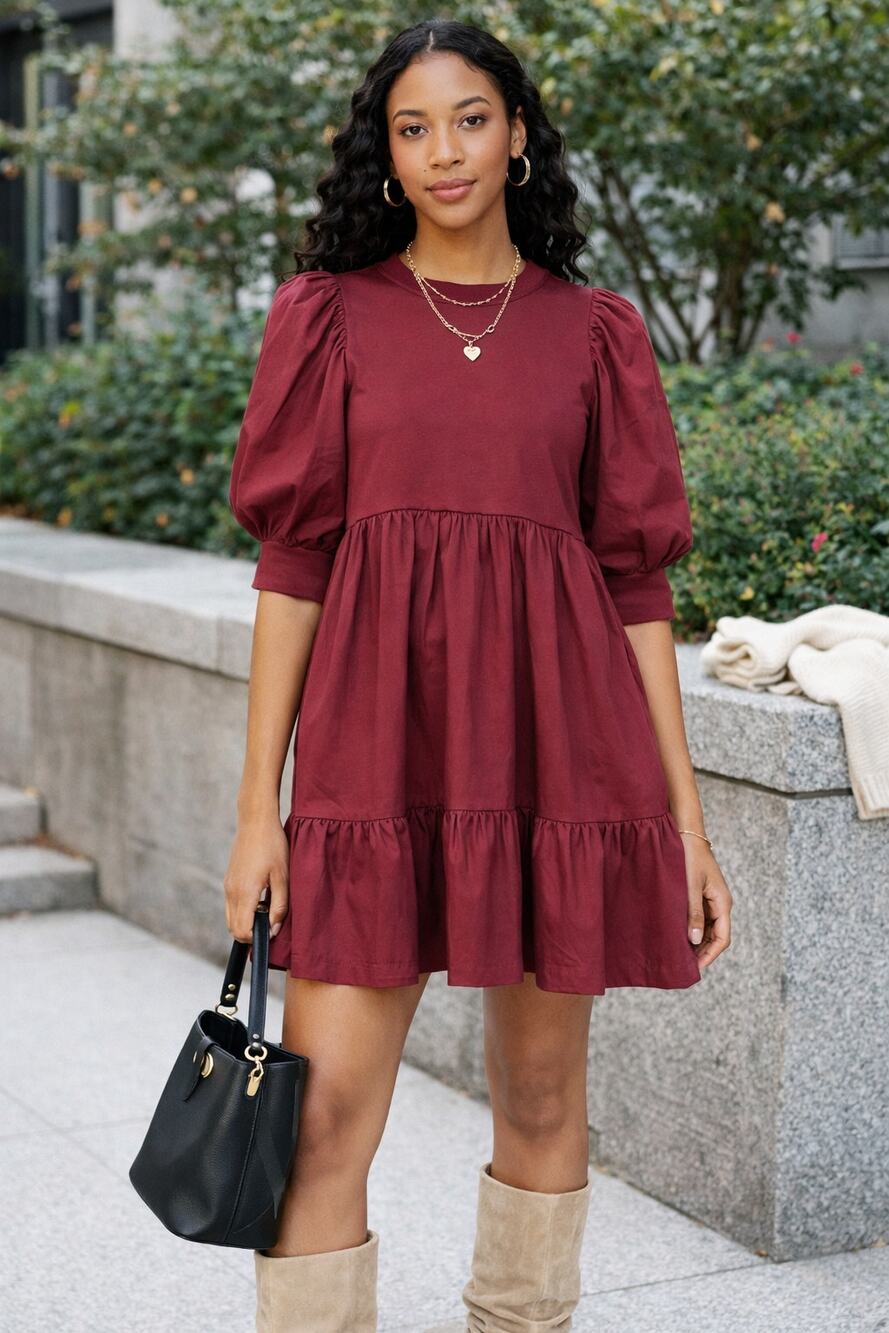 En Saison Gabriela Puff Sleeve Tiered Mini Dress Burgundy Small NWT